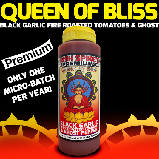 QBL: Case (9 bottles) - Queen of Bliss - Black Garlic, Fire Roasted Tomatoes & Ghost (Med-Hot)
